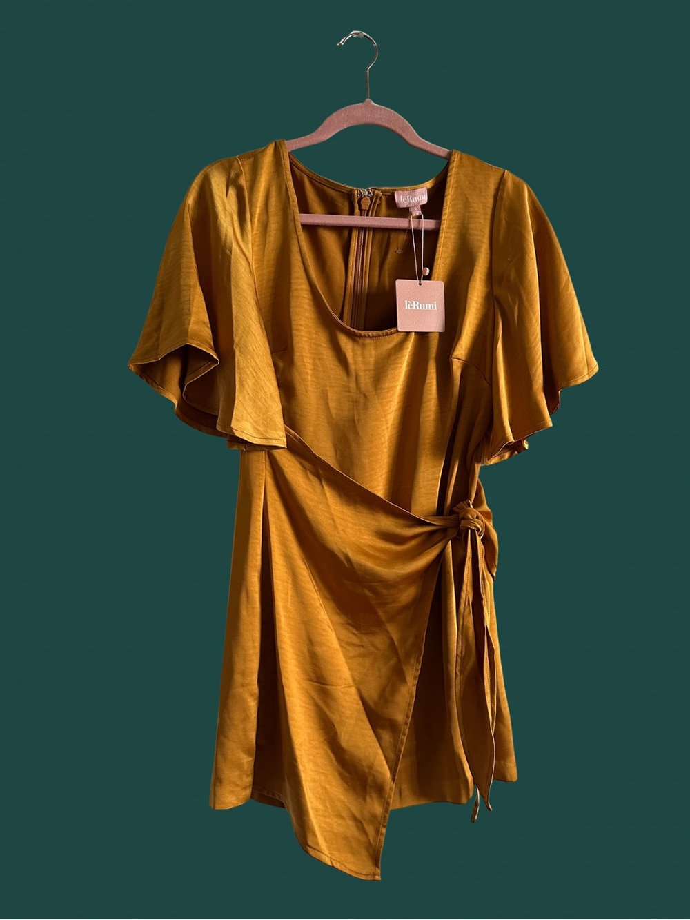 LERUMI Deep Gold Wrap Mini Dress SIZE SMALL 2 4 Luxe Holiday Party Star Show Hot